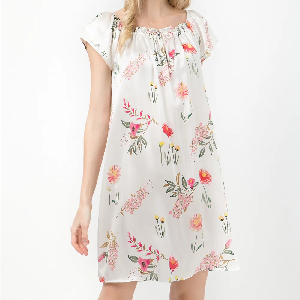 2022 New Silk Nightdress Large Loose Print Medium Skirt Home Clothes 100 Silk Princess Skirt Sexy Sleepwear  Victorian Dress