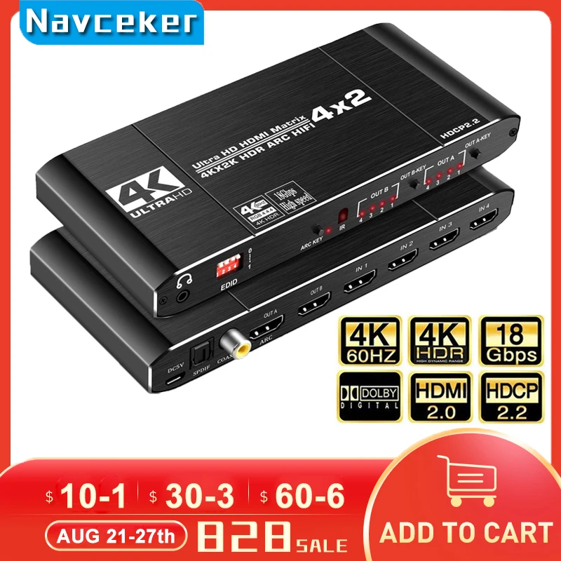 

2023 4x2 Matrix Switch Splitter with SPDIF and L/R 3.5mm HDR HDMI-compatible Switch 2x2 Support HDCP 2.2 ARC 3D 4K@60Hz for PS5