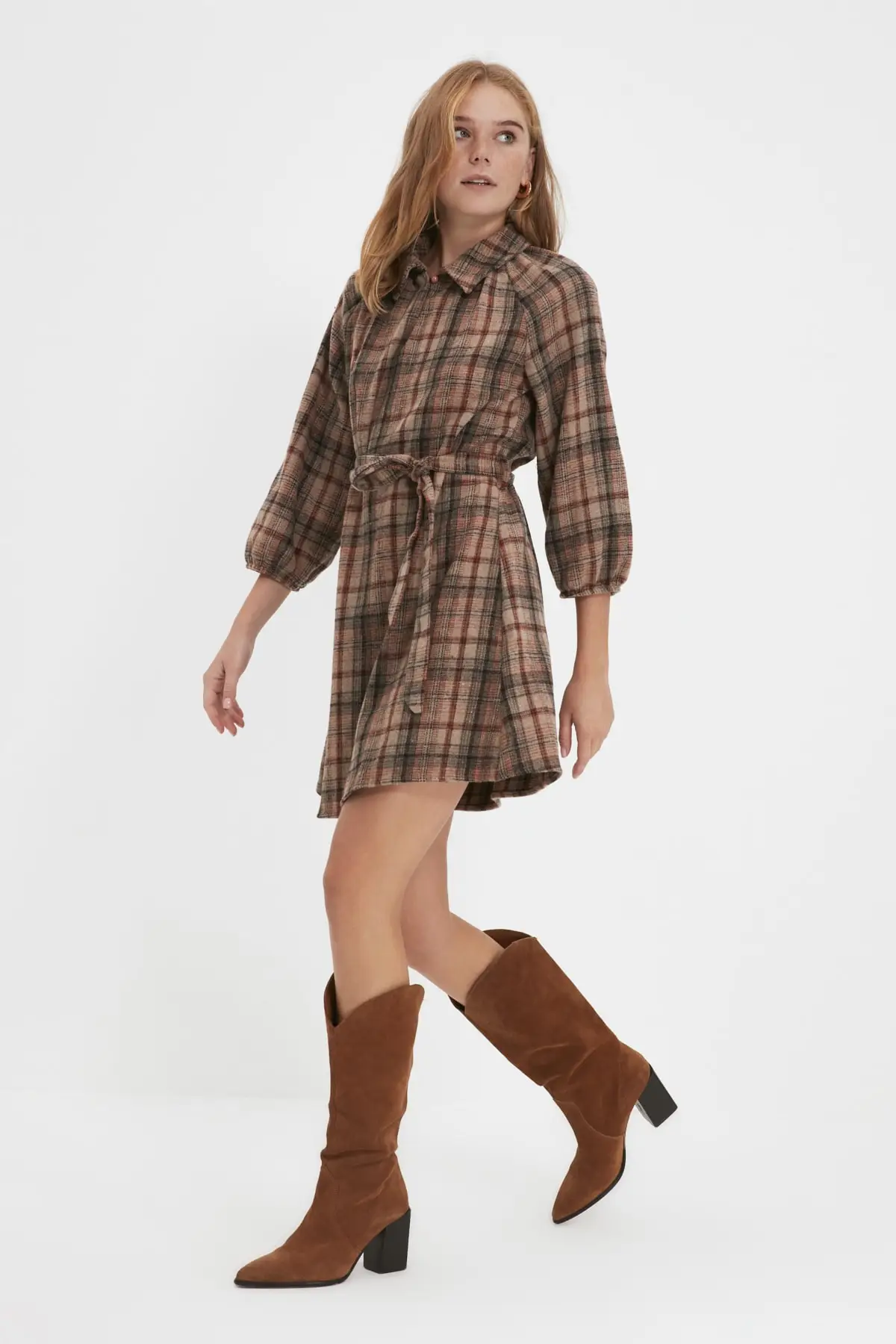 

Camel Belted Shirt Collar Dress style female dress