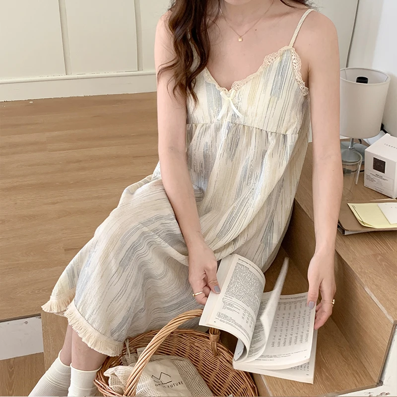 CAIYIER Summer Cute Cartoon Nightwear Korean Sweet Soft Sling Sleep Dress Kawaii Cotton Linen Women Nightgowns With Chest Pad