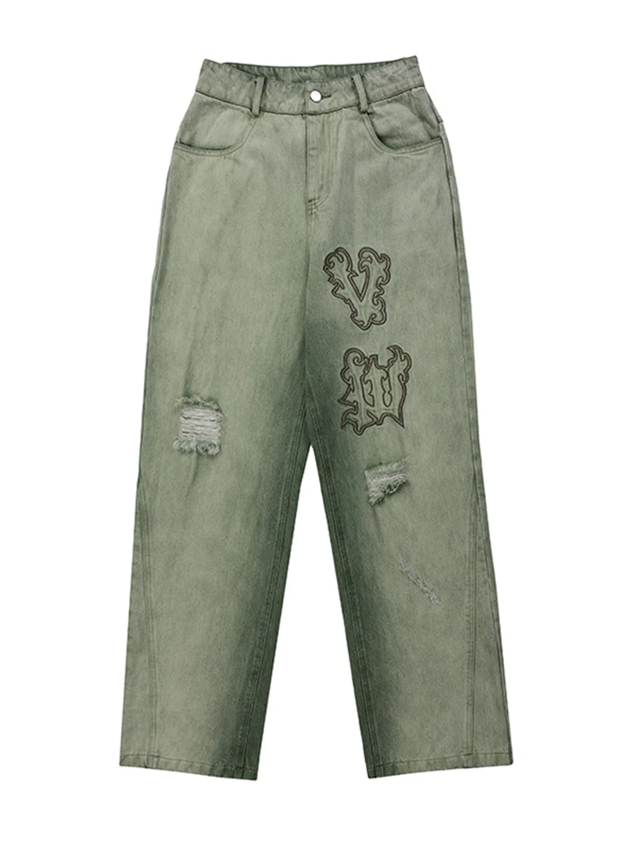 Four Seasons Men's Jeans Tie Dye Ripped Hip Hop Street Letters Embroidery Straight Wide Leg Pants Streetwear Ins Hot Sale JEANS