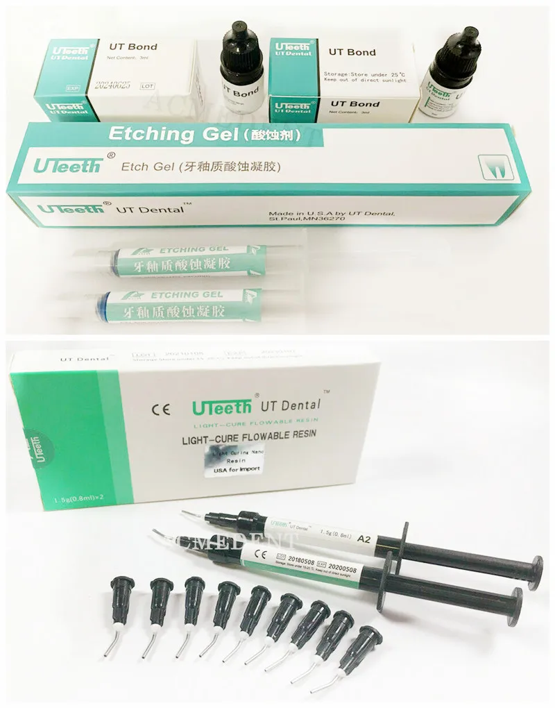 Dental UT Flow Composite Resin Flowable Light Curing Refill Syringe Delivery Tips Total Etch Gel Adhesive Bonding Fresh A1 A2 A3