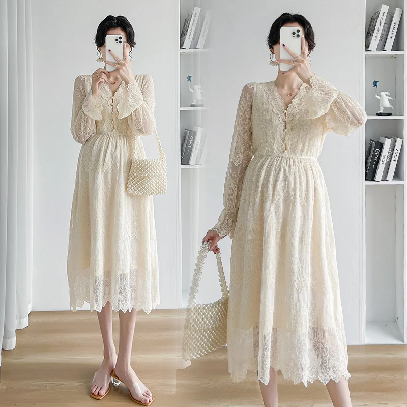 

599# 2023 Spring Summer Lace Maternity Long Dress Elegant A Line Slim Clothes for Pregnant Women Chic Ins Hot Pregnancy Clothing