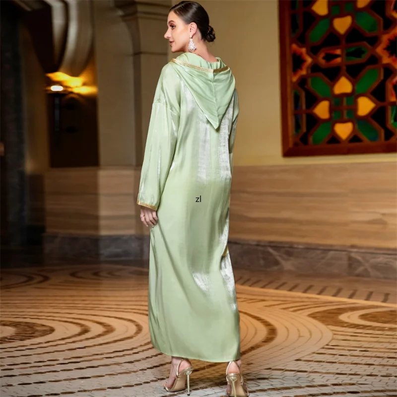 Floral Embroidery Lace Tape Hooded Dress Luxury Diamonds Solid Color Shiny Abaya For Women Dubai 2023 New in Dresses