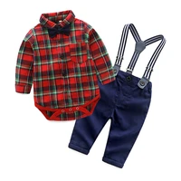 jenya spring cotton gentleman baby boys clothes clothing sets plaid long sleeve biw tie shirt rompers suspenders pants sets