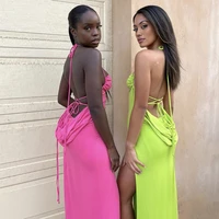 y2k womens dress aummer sexy party halter low cut backless split long dress bodycon green vestidos de verano mujer 2022 robe