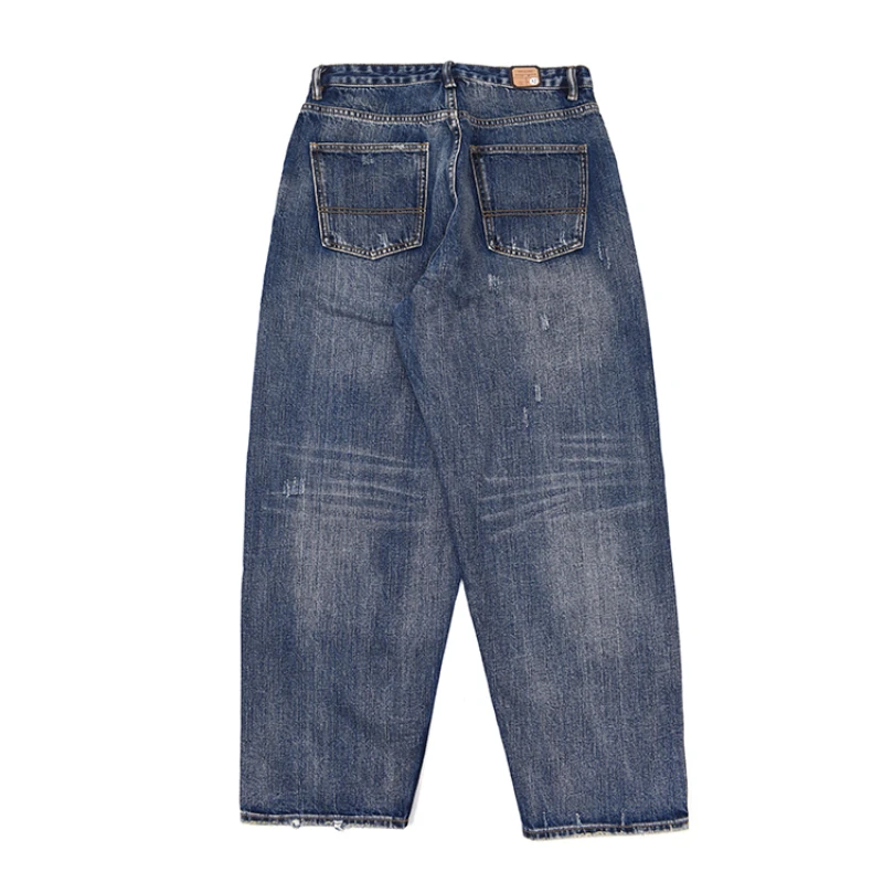 Red-eared Japanese-style retro jeans with old holes and heavy washing, loose straight micro-cone trousers.
