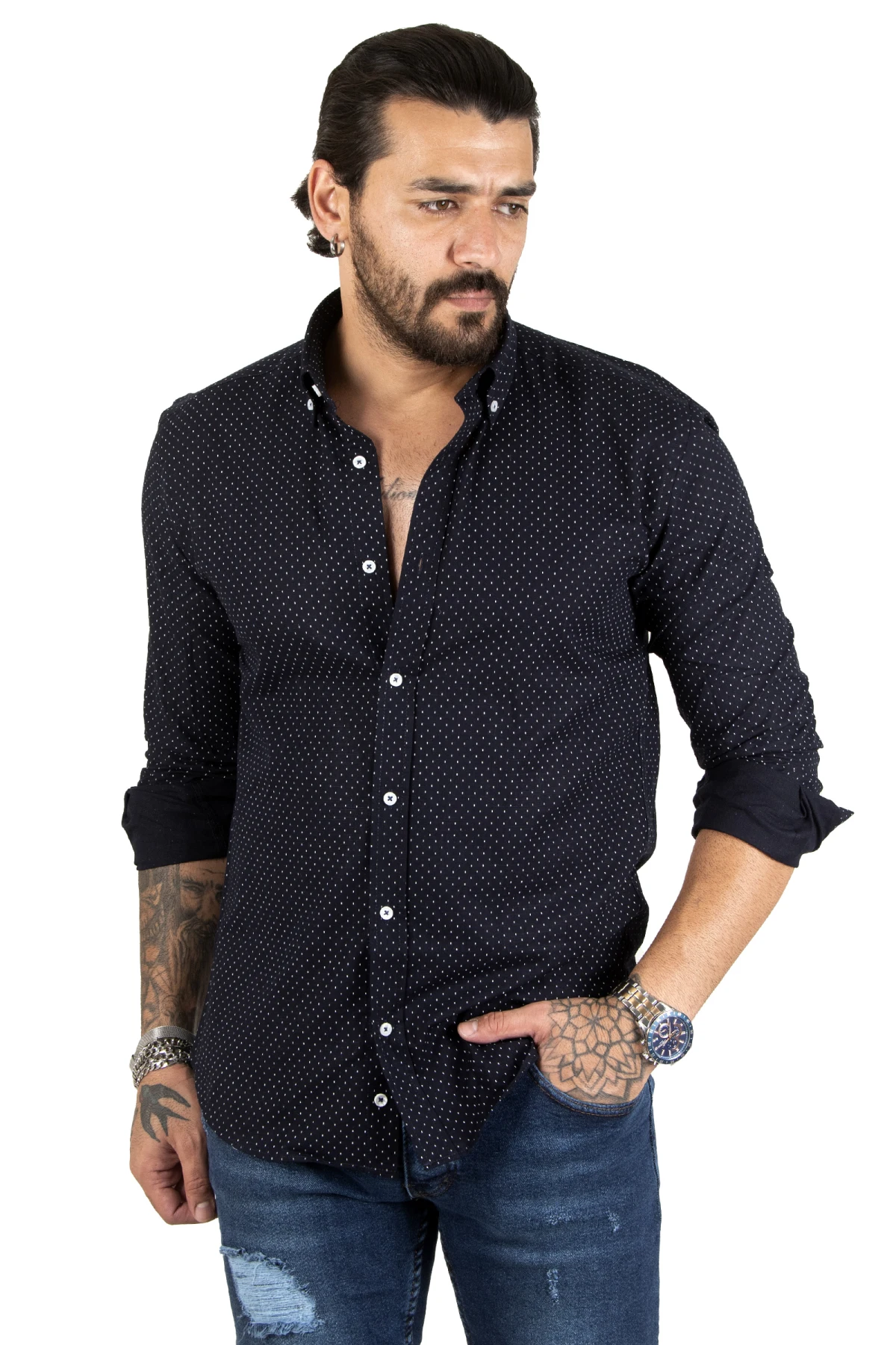 DeepSEA narrow cut lycra patterned long sleeve linen men shirt 2209625