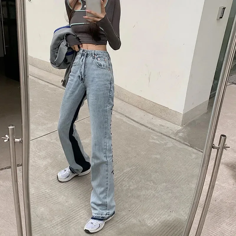 Women Fashion Letter Print Streetwear Denim Pants 2023 Casual Pant Female High Waist Loose Straight Jeans Wide Leg Trousers Pop