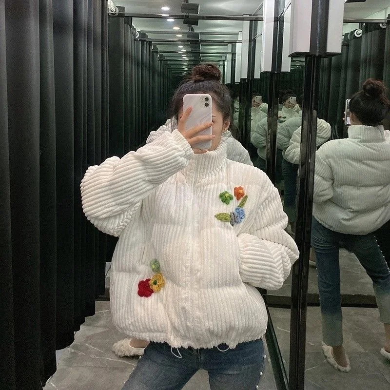 2022 Corduroy Kawaii Girl French Retro Cute Jacket Loose Short Down Jacket Winter Girl Sweet Flower Embroidered Cotton Jacket