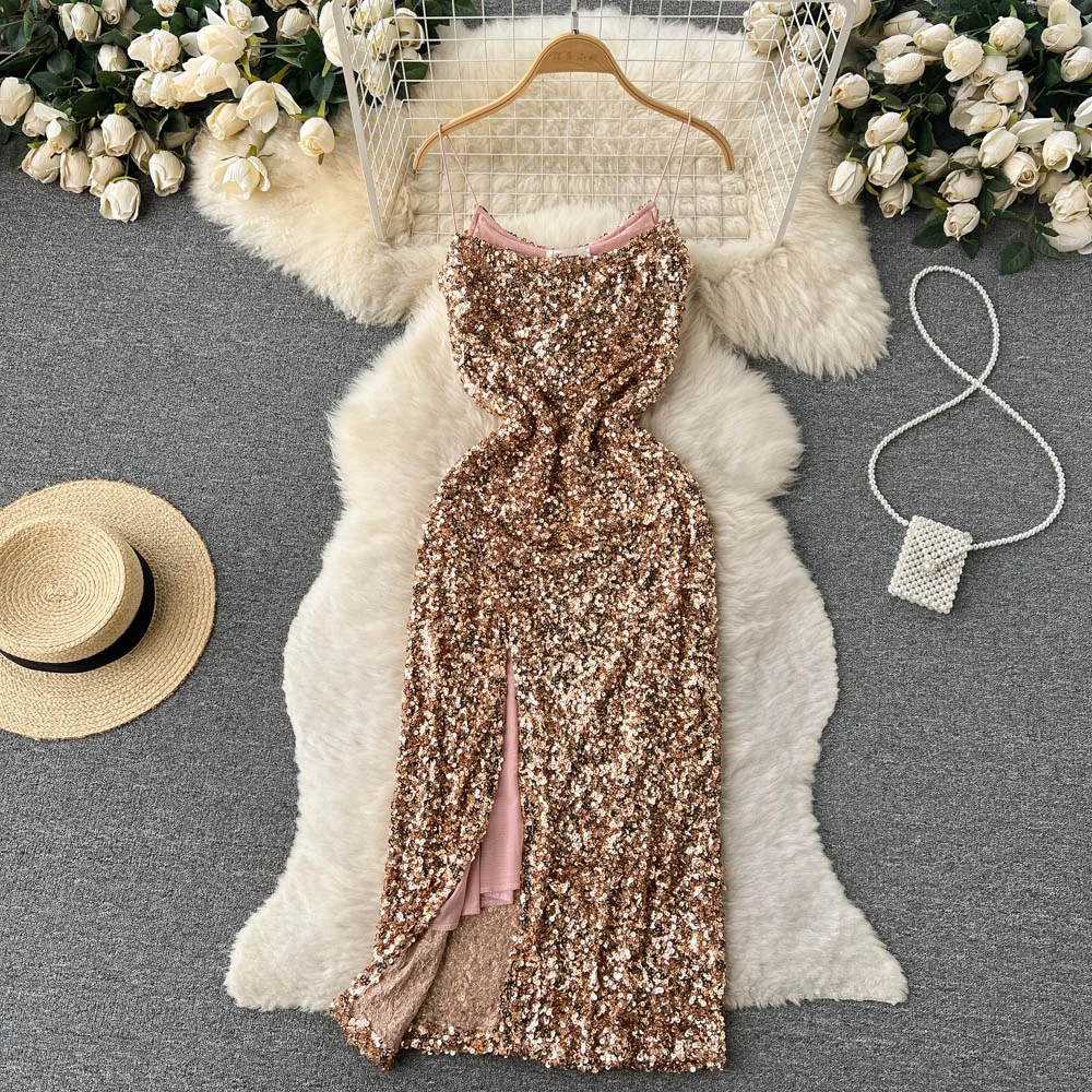 

Шикарное блестящее платье-комбинация с разрезом и блестками, пикантное элегантное вечернее праздничное роскошное платье с открытыми плеча...