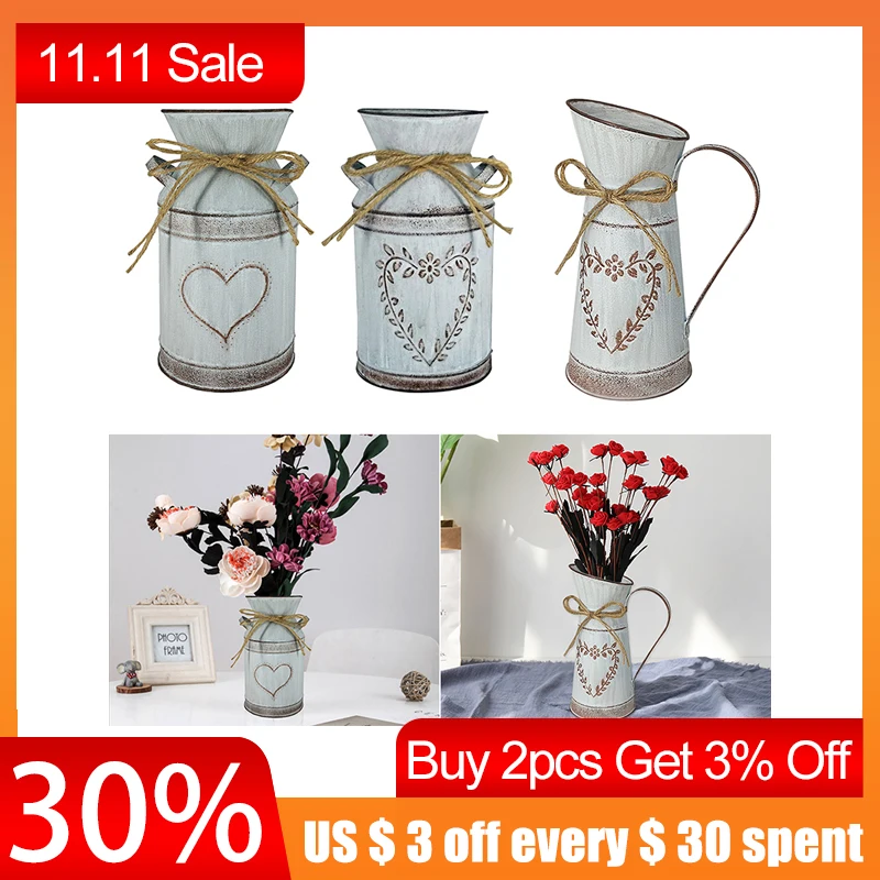 

Retro Garden Metal Flower Vases Wedding Artificial Flowers Bucket Barrel Holder Shabby Chic Country Style Vintage Jug Can Craft