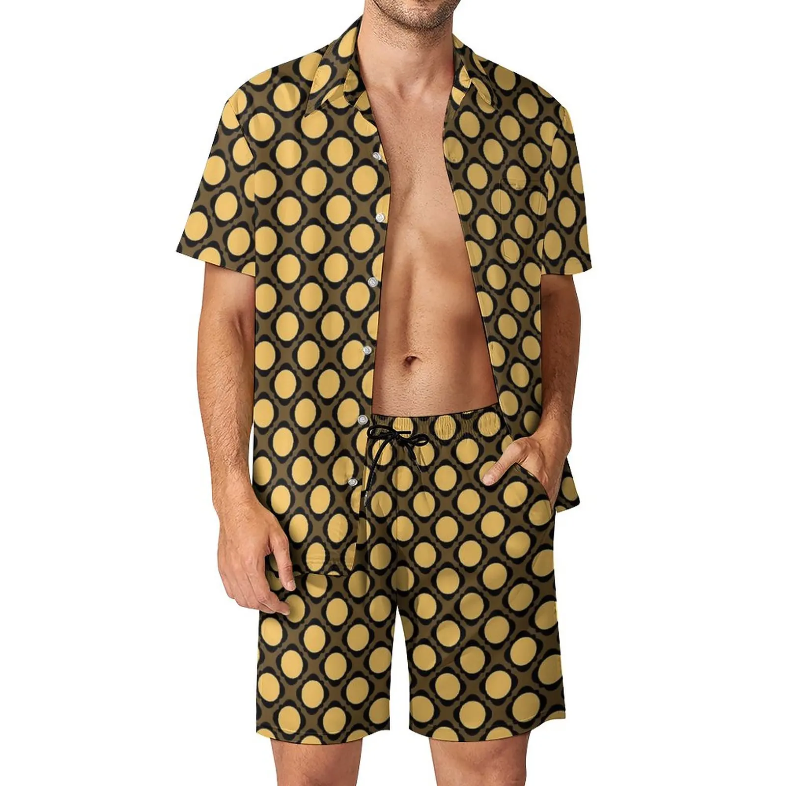 

Gold Dot Men Sets Retro Polka Dots Hawaiian Casual Shirt Set Short-Sleeved Printed Shorts Summer Fitness Outdoor Suit Plus Size