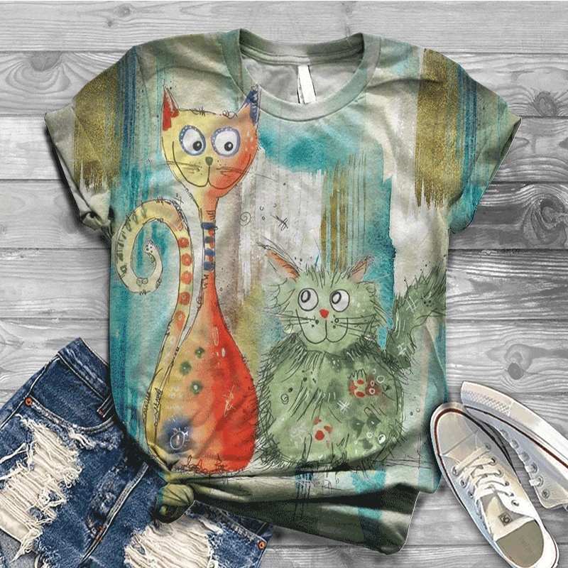 

Summer Women's Fashion Cat 3D Printed T Shirt O-Neck Tops Femme Short Sleeve Loose Shirt Plus Size Pullover Mujer Camisetas