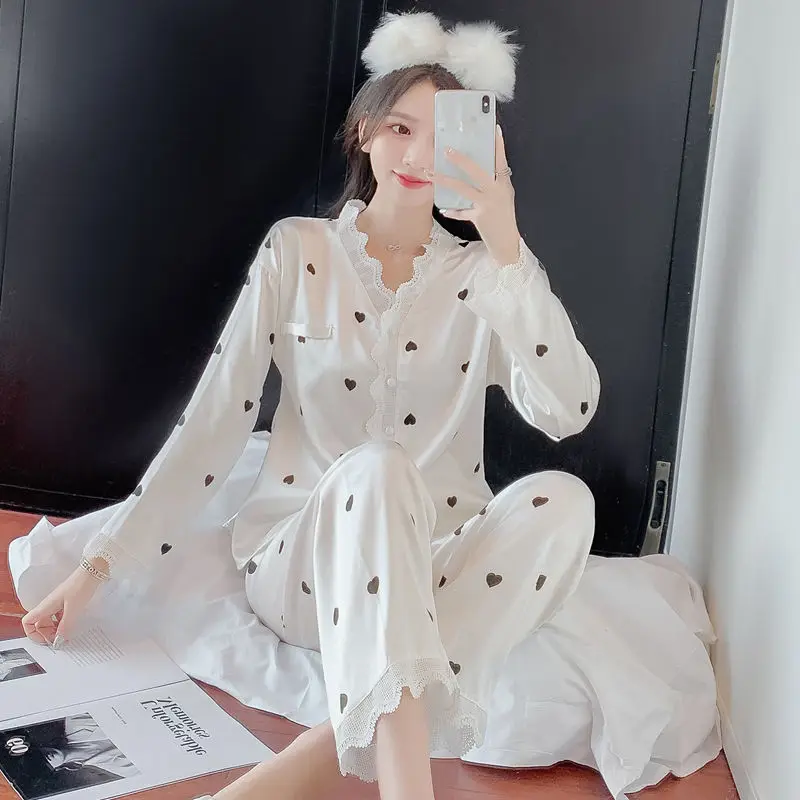 

Silk Pajamas for Women Spring Summer V Neck Heart Print Home Suit Satin Pajama Set Woman Sleepwear Pijama Mujer Homewear E167