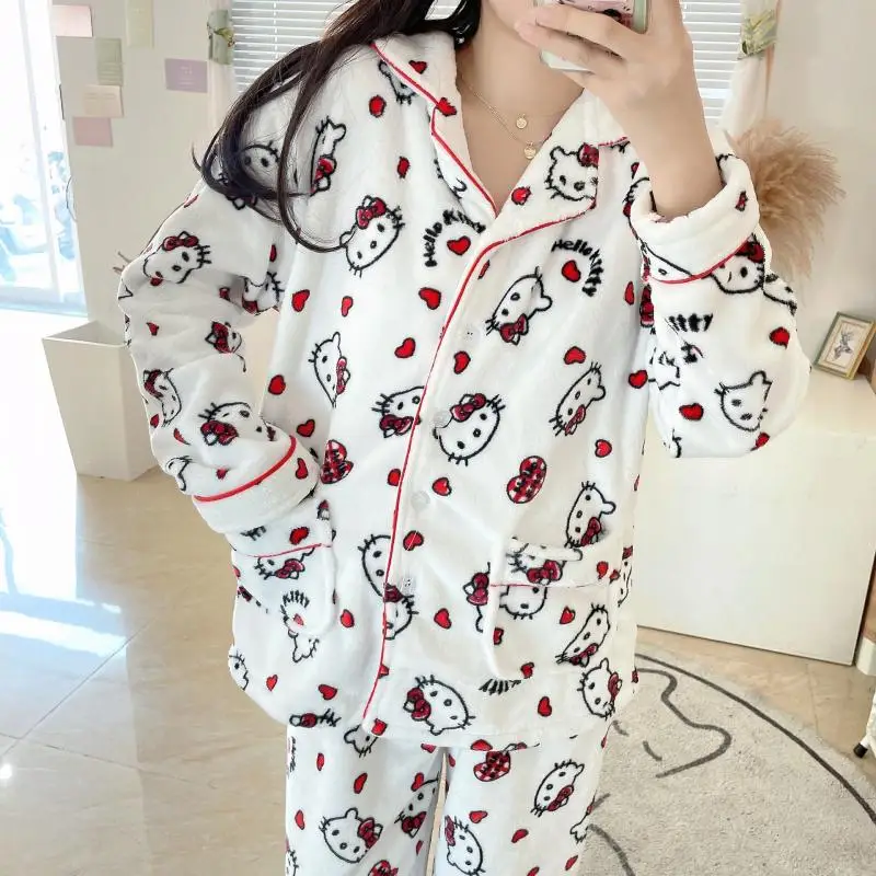 

Cartoon Sanrio Hellokitty Pajamas Kawaii Anime Coral Fleece Pajamas Two Pieces Women's Autumn Winter Homewear Set Christmas Gift