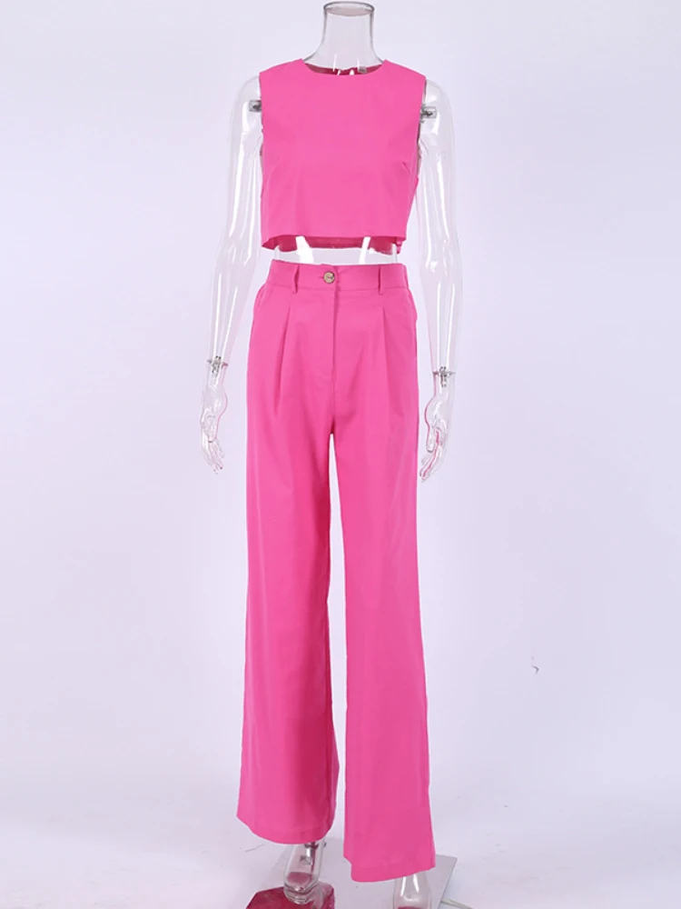 Two Piece Set Woman Cotton Linen Trouser Women's Suits Summer Round Neck Solid Sleeveless Crop Tops Casual Wide Leg Pants Simple