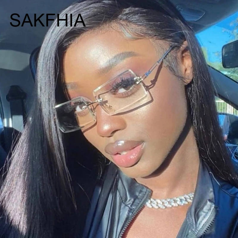 

Очки солнцезащитные женские без оправы, модные квадратные прозрачные зеркальные солнечные очки без оправы с градиентом, в винтажном стиле