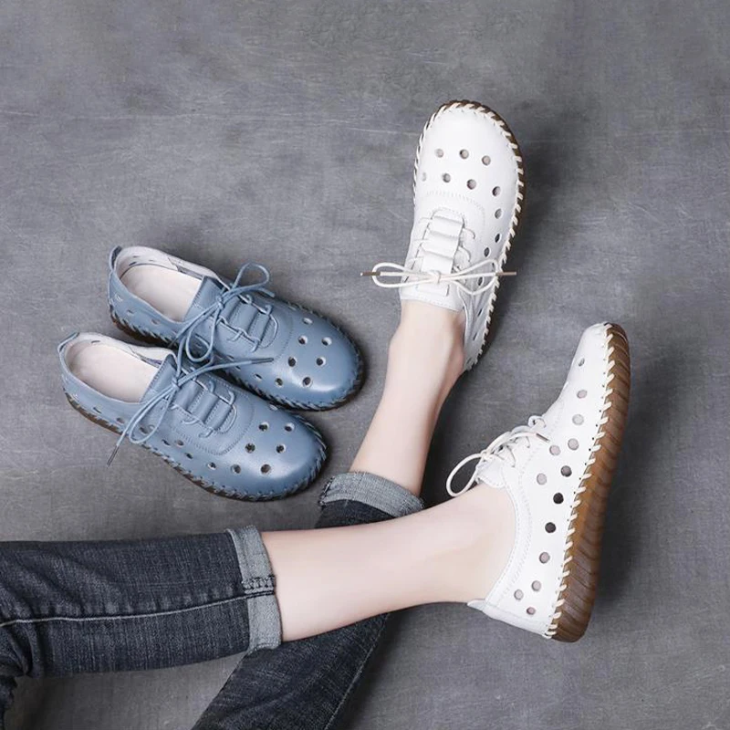 Feerldi White Hole Cutouts Loafers Woman Casual Soft Oxford Sneakers Mom Lace Up Breathable Leather Flats Woman Driving Shoes