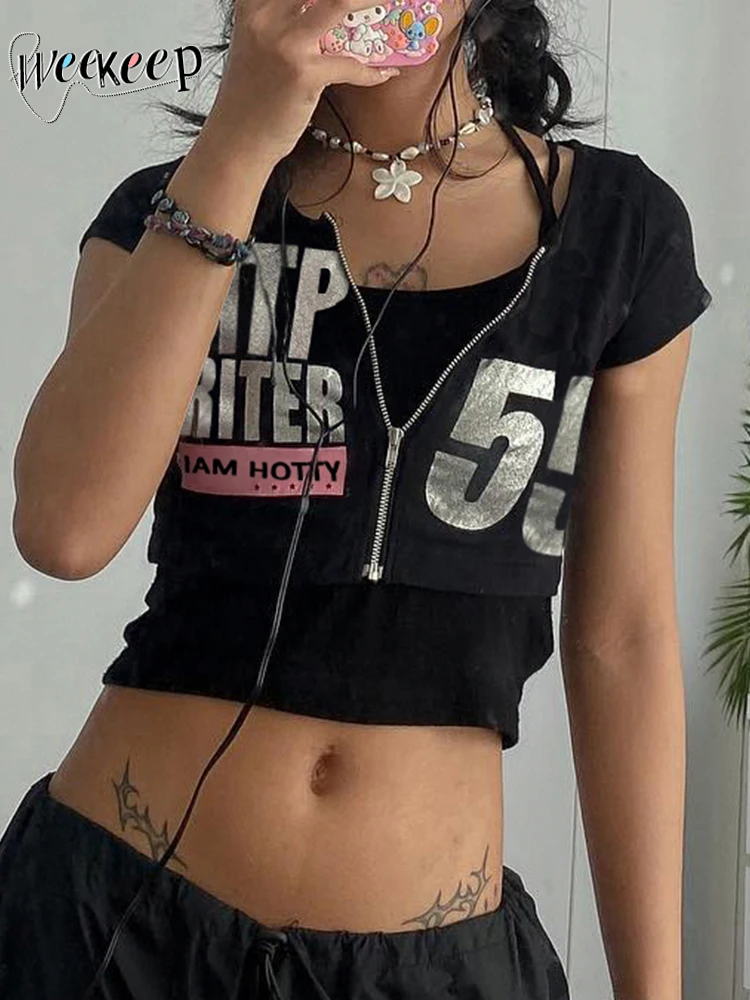 

Женский винтажный Укороченный кардиган на молнии Weekeep, Повседневный Кардиган в стиле панк с коротким рукавом, уличная одежда, Y2k гранж, футбо...