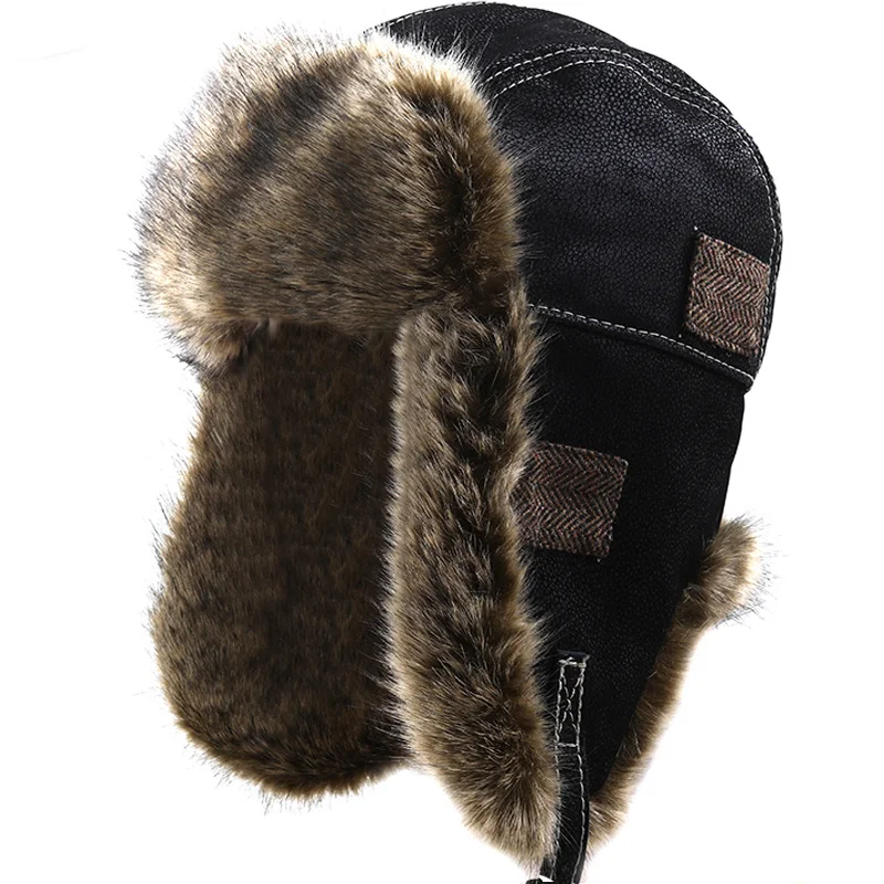 Bomber Hats Winter Men Warm Russian Ushanka Hat with Ear Flap Pu Leather Fur Trapper Cap Earflap for Women