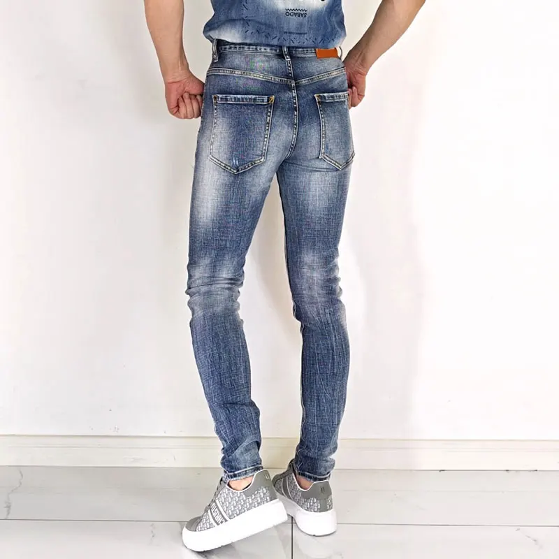 Джинсы мужские стрейчевые уличная мода облегающие синие джинсы в стиле ретро