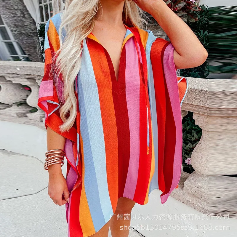 

Mandylandy Women Elegant Summer Stripe Patchwork Loose Shirt Top Fashion Female Y2K Short Sleeve V Neck T-shirt Streetwear