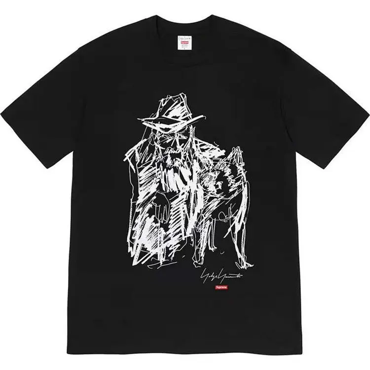 

20FW wolf head short-sleeved T-shirt sketch character portrait men and women joint top luxury brand