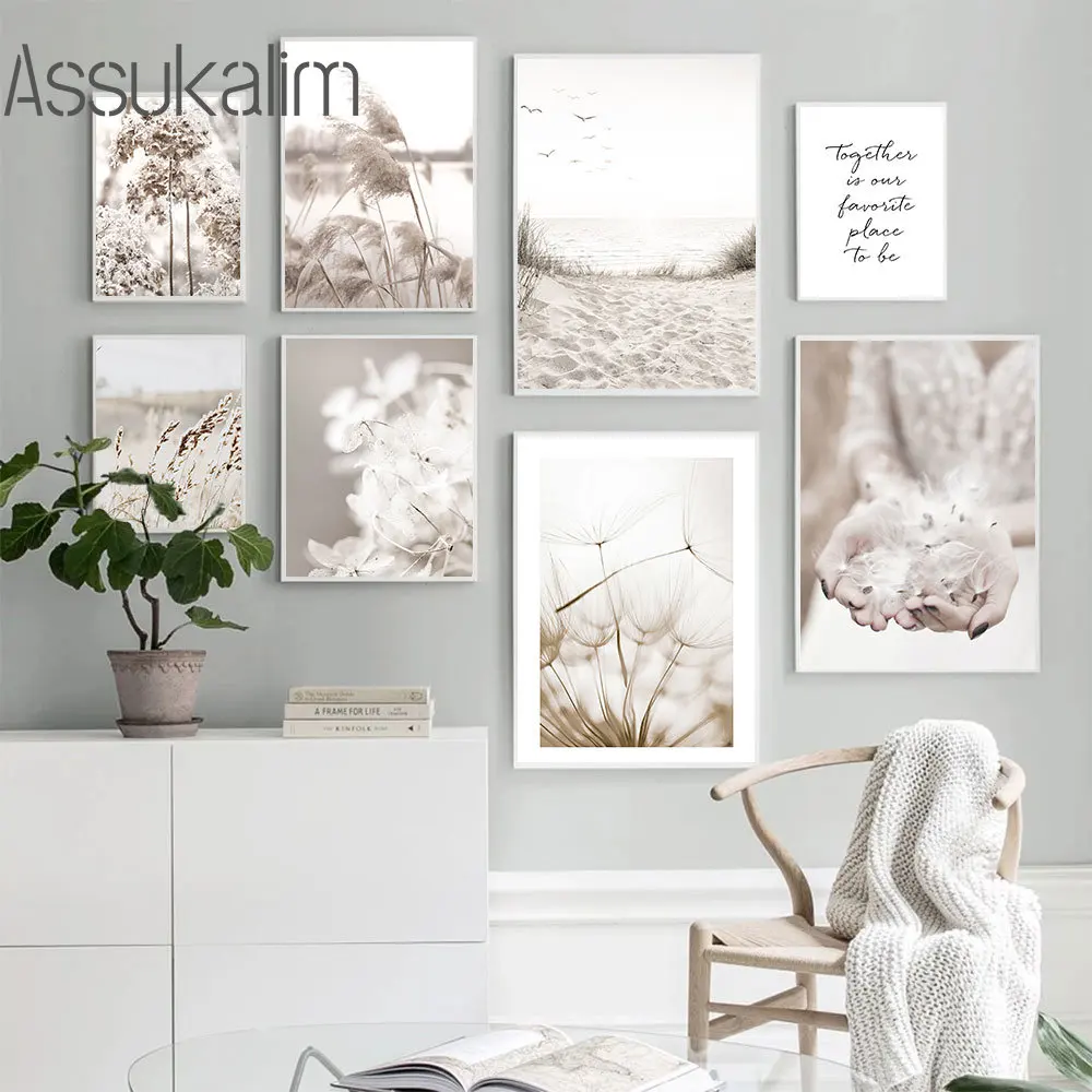 

Настенный постер с бежевым пейзажем, рисование одуванчиков, картины, скандинавские художественные плакаты, пляжные волнистые настенные ка...