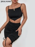 jim nora 2022 two piece set sleeveless crop top women summer spaghetti strap bodycon wrap mini skirt club outfit party