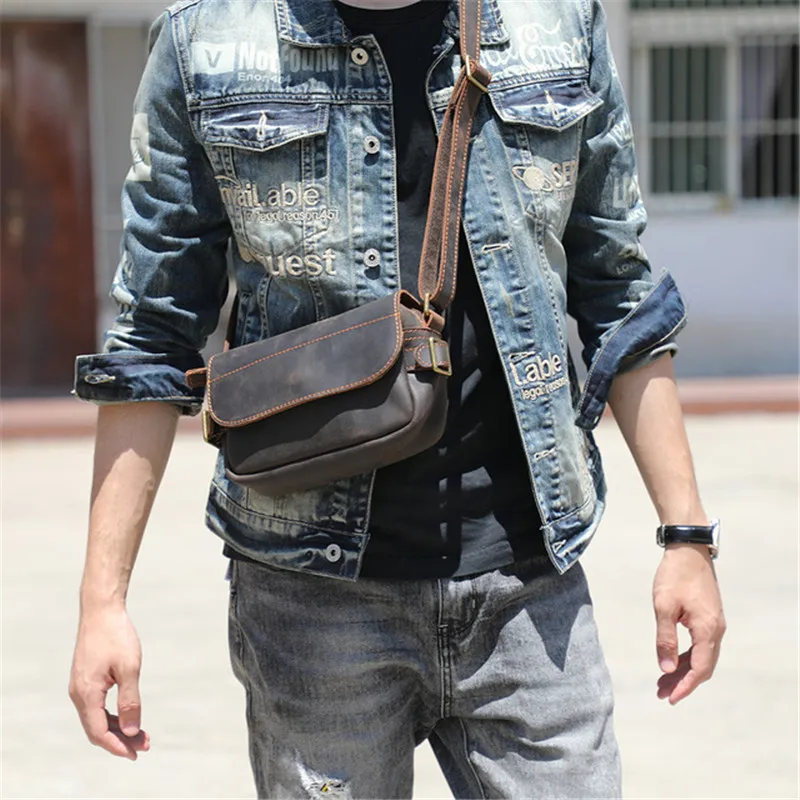 Retro crazy horse leather shoulder zipper backpack men's small square bag fashion designer natural cowhide messenger bag