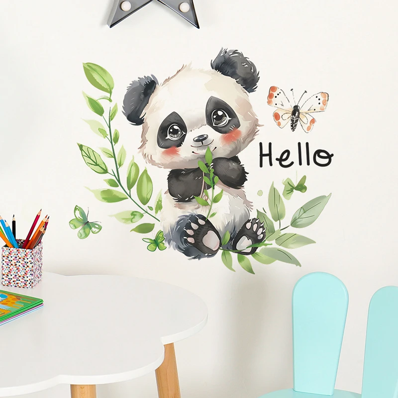 Виниловые настенные наклейки Hello Baby Panda с бамбуковой веткой для украшения дома