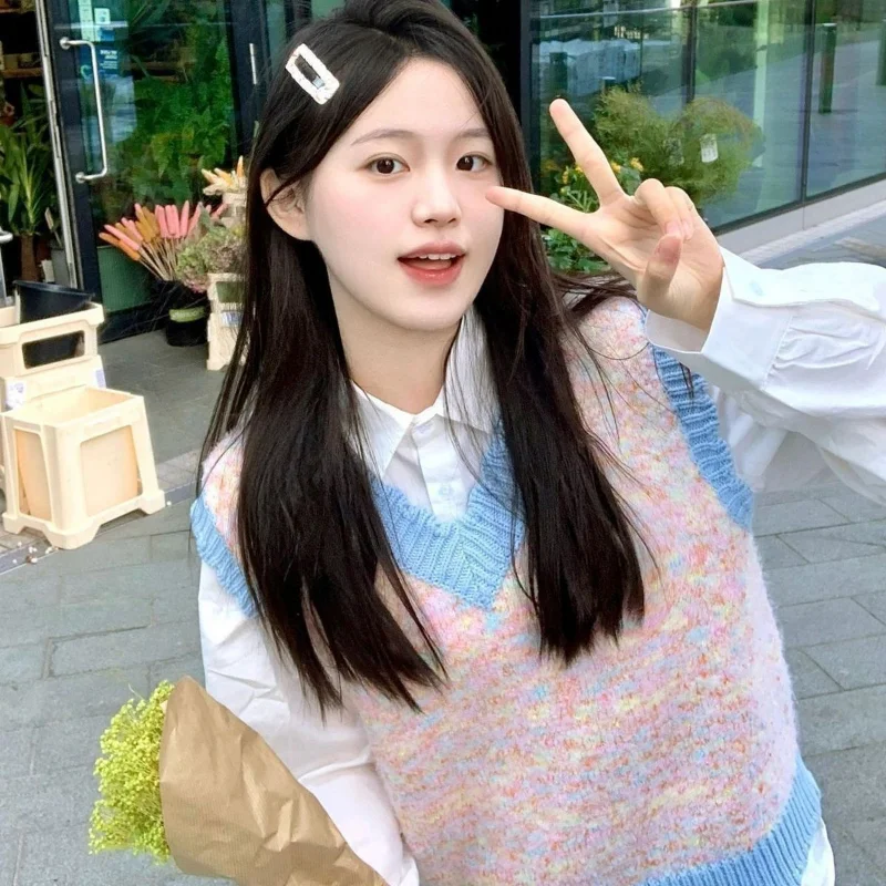 

Y2k Sweater Vests Women Cute Autumn Chic Japanese Preppy Style V-neck Girlish Knitted Patchwork Lovely Schoolgirl Basic Casual