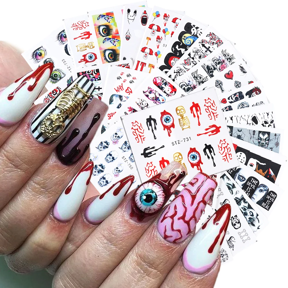 25pcs/Set Halloween Water Decals Nail Art Stickers Skull Clown Ghost Manicure Decoration Transfer Slider STZ731-755 - - Цена: 125.13