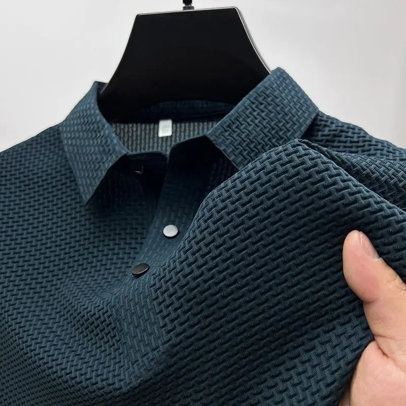

2023 Summer New Men's Lop-up Hollow Short-sleeved Polo Shirt Ice Silk Breathable Business Fashion T-Shirt Male Brand Clothes