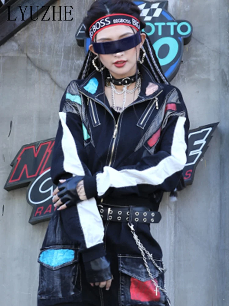 

LYUZHE Fashion Cool Long Sleeve Short Jeans Color Contrast Coat 2023 Spring Autumn Coat Leisure Trend Women Causal Coat LWL444