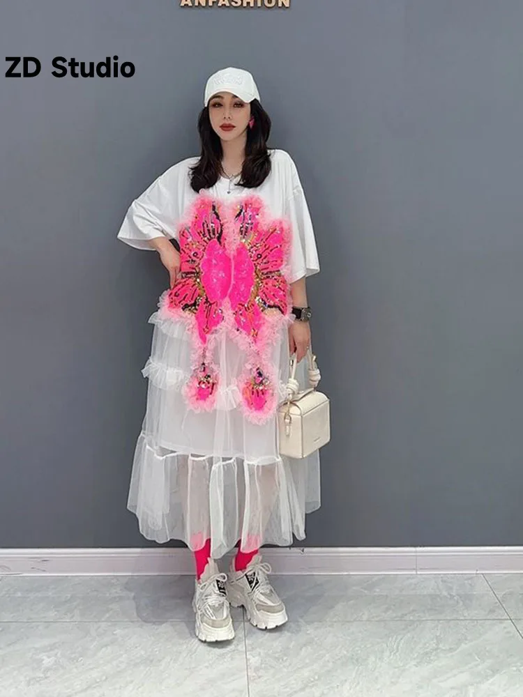 

[ZD Studio] 2023 Summer New Loose Fashion Print Dress Mesh Long Dress Shows Slim Large Women's Wear