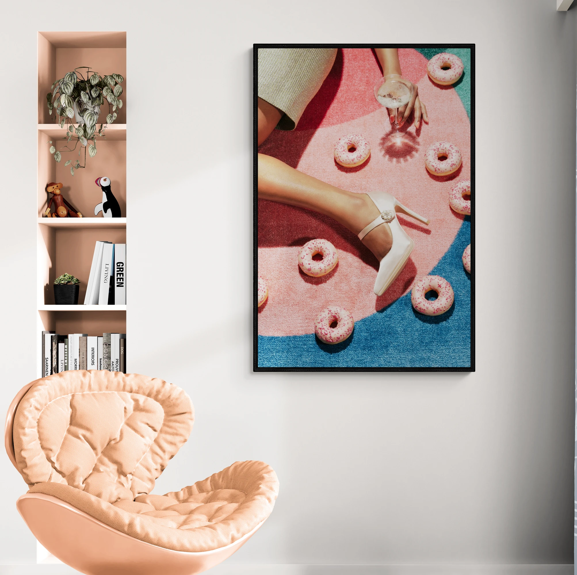 Женщина в белых каблуках и розовые пончики художественный постер холст картина