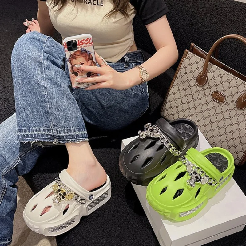 Mo Dou Women's Sandals Thick Soft Home Slippers Non-slip Outdoors Cool Chain Fashion Cozy Slides Easy Washing Breathable Cut-out