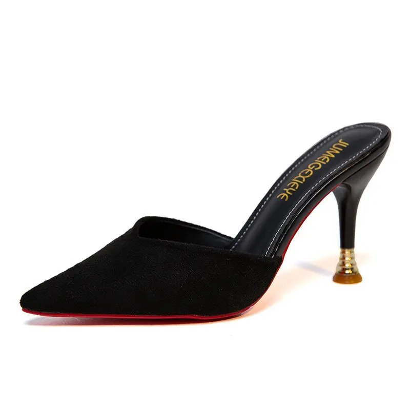 

New High Heels Shoes Ladies Solid Flock Slippers Mules Pointed Toe Fog Black Slides Women Home Slip On Flip Flops OL Party Shoe
