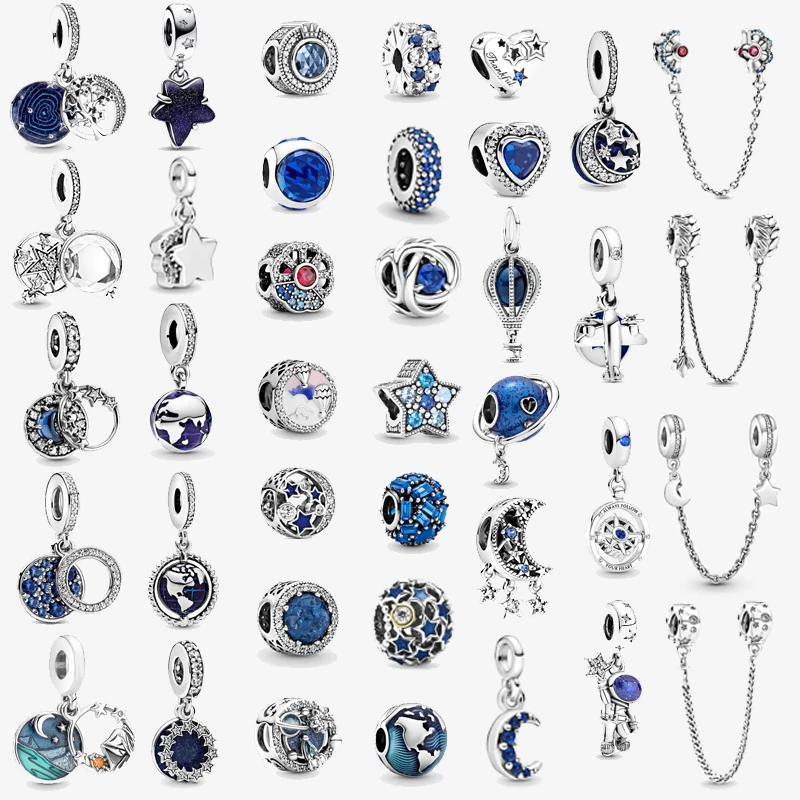 

2Pcs/Lot Silver Plated Deep Blue Star Astronaut Night Sky Crystal Charms Beads Pandents Fits DIY Brand Bracelets For Women Gift