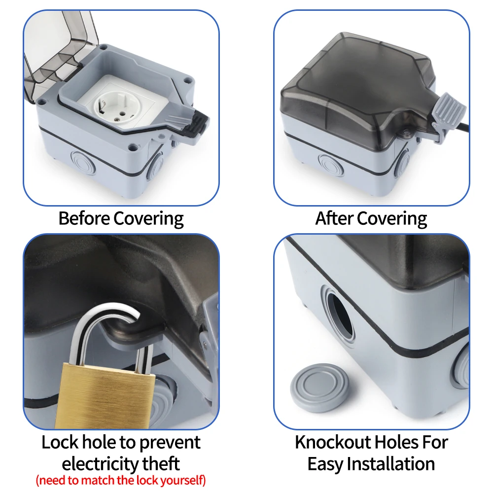 Фото GTRIC Водонепроницаемая уличная вилка Электрические розетки 250 В переменного тока IP66 Пыленепроницаемая водонепроницаемая розетка с переключателем Внешняя главная вилка №5