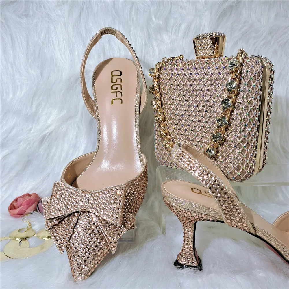 

Italian fashion design In Peach Color Glass Heel Pointed Ladies Shoes And Decorate With Crystals Dual-use Bags Wedding Party