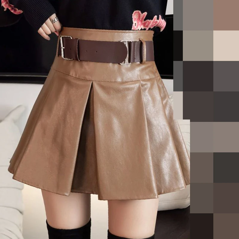 2022 autumn new vintage pleated skirt PU leather  miniskirt female high waist hot girl a-line skirt trend   women clothing
