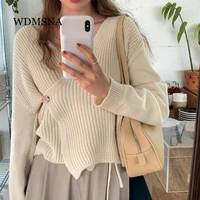 wdmsna korean chic long sleeve knitted sweater japanese sweet top autumn pullover tie button v neck sweaters for women fashion