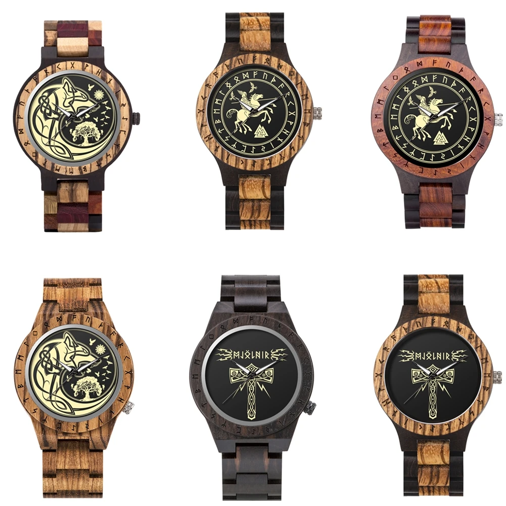 

BOBO BIRD Viking Wooden Watches Men Watch with Helm of Awe Unique Runic Circle Top Japanese Quartz Movement Wristwatch Gift Box