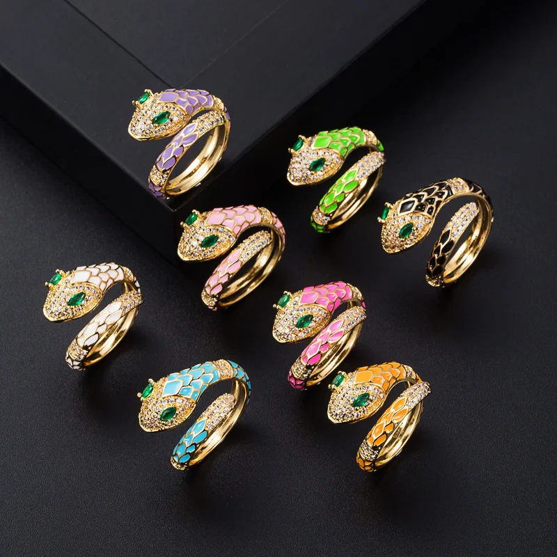 

Faashion European and American Oil Snake Ring Green Zircon Eye Adjustable Ring for Women Man Jewelry Gift