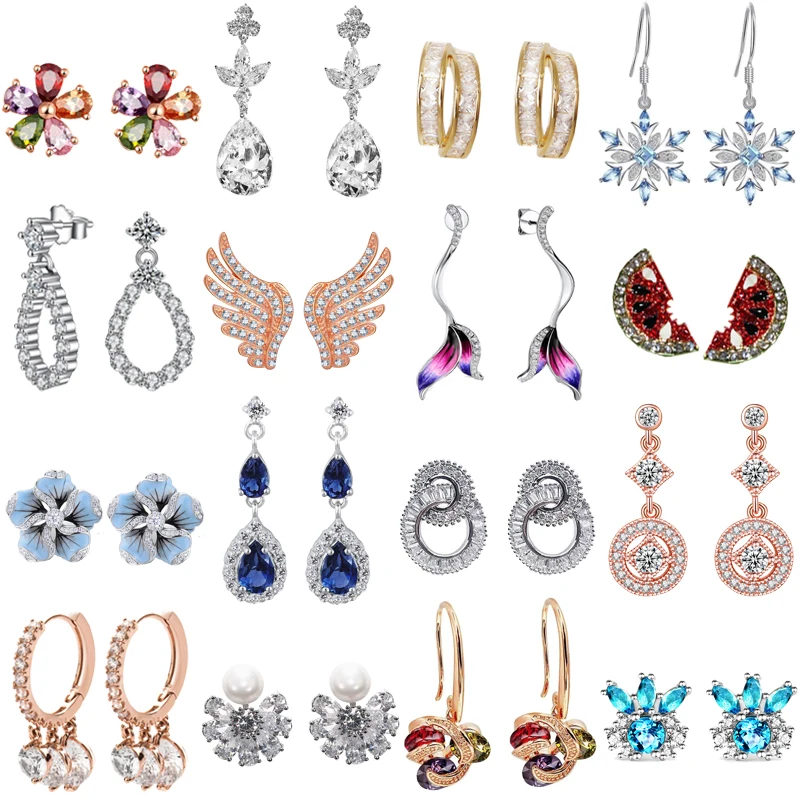 

S925 Silver Color Bling CZ Zircon Stud Earrings Ear Studs Hoop Drop Earring Women Jewelry Gift Wedding Party Engagement