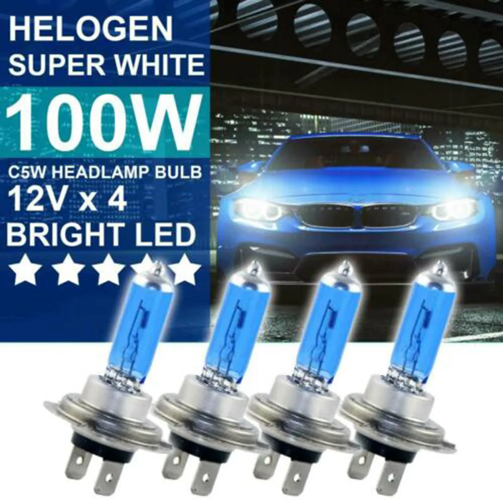 

4PCS 100W 4500K Xenon Hid Super White Effect Look Halogen H7 Headlight Lamp Light Bulb 12V Fits For Cars With H7 Bulbs Fitted