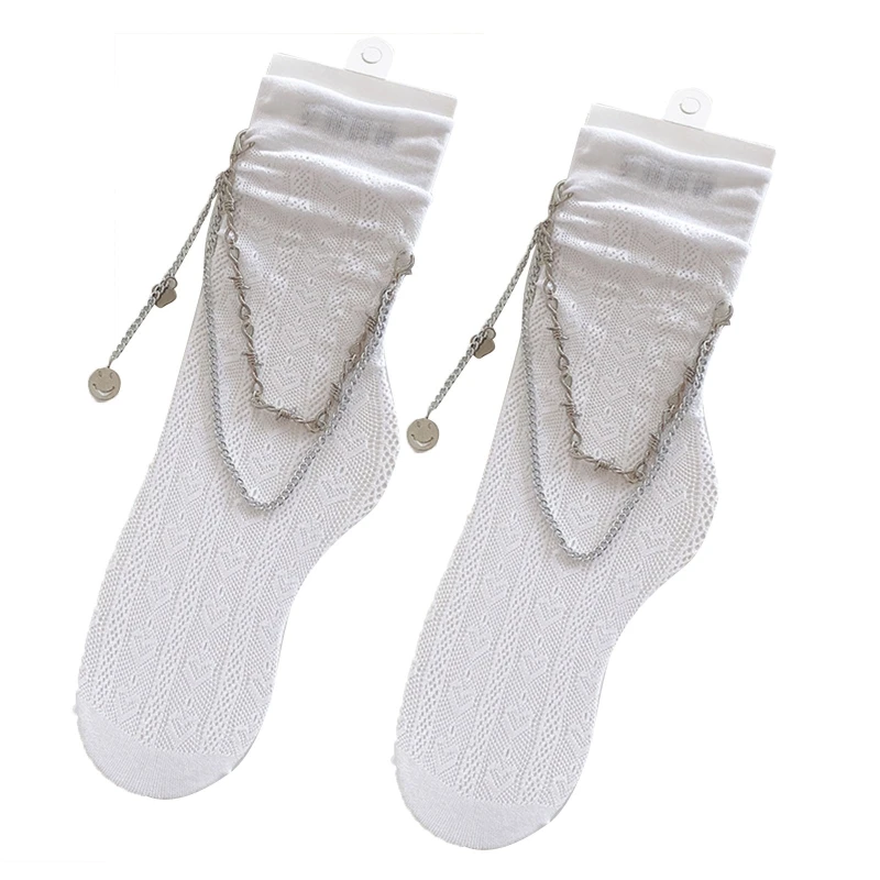 

Женские темные готические кружевные носки до середины икры в стиле панк в японском стиле Харадзюку с рюшами и оборками на ногах с металличе...